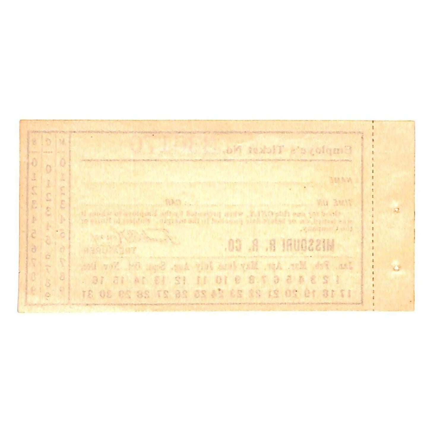 Missouri Railroad Unused Write-in Employe's Ticket #336170 VGC