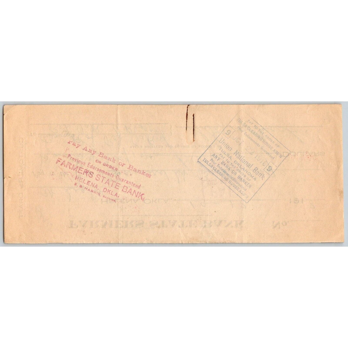 Helena Oklahoma 1918 Farmers State Bank Check $90 Scarce