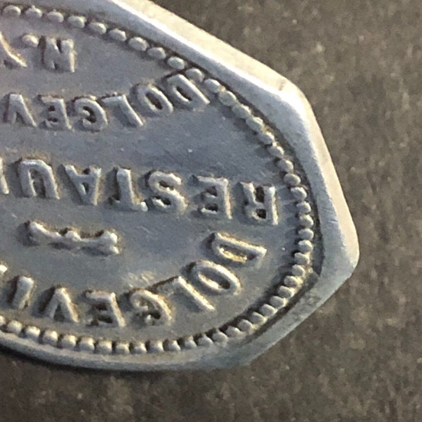 Dolgeville, NY Dolgeville Restaurant Alum. G/F 10¢ Trade Token 25mm Scarce