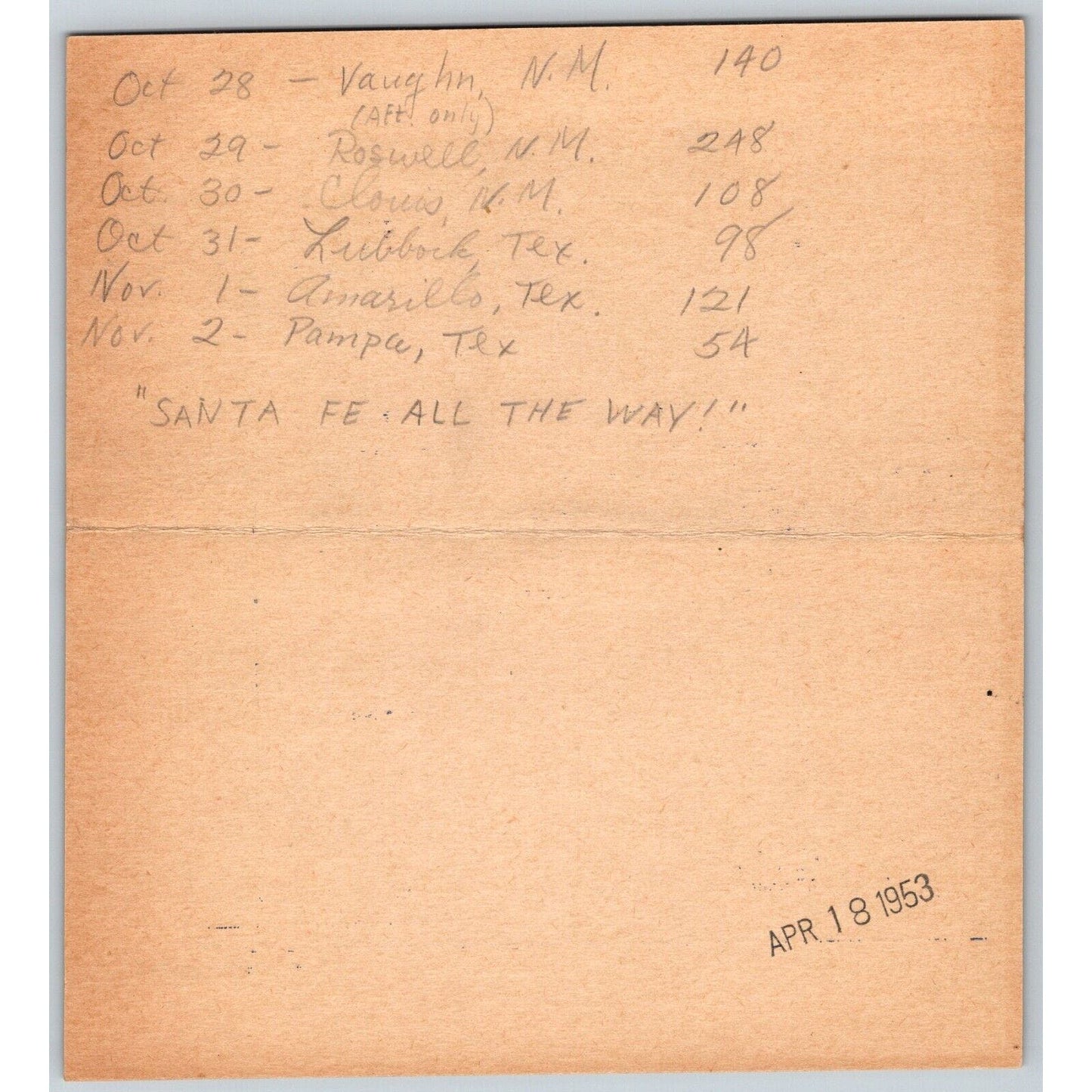 1940 Cole Bros Circus Route Card California Arizona Texas NM