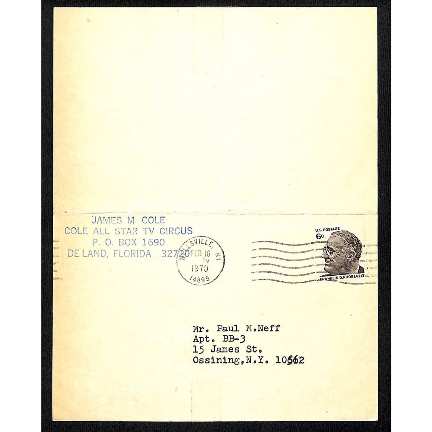 Cole All-Star TV Circus 1970 Route Card Mailer Several NY Stops w/ Personal Note
