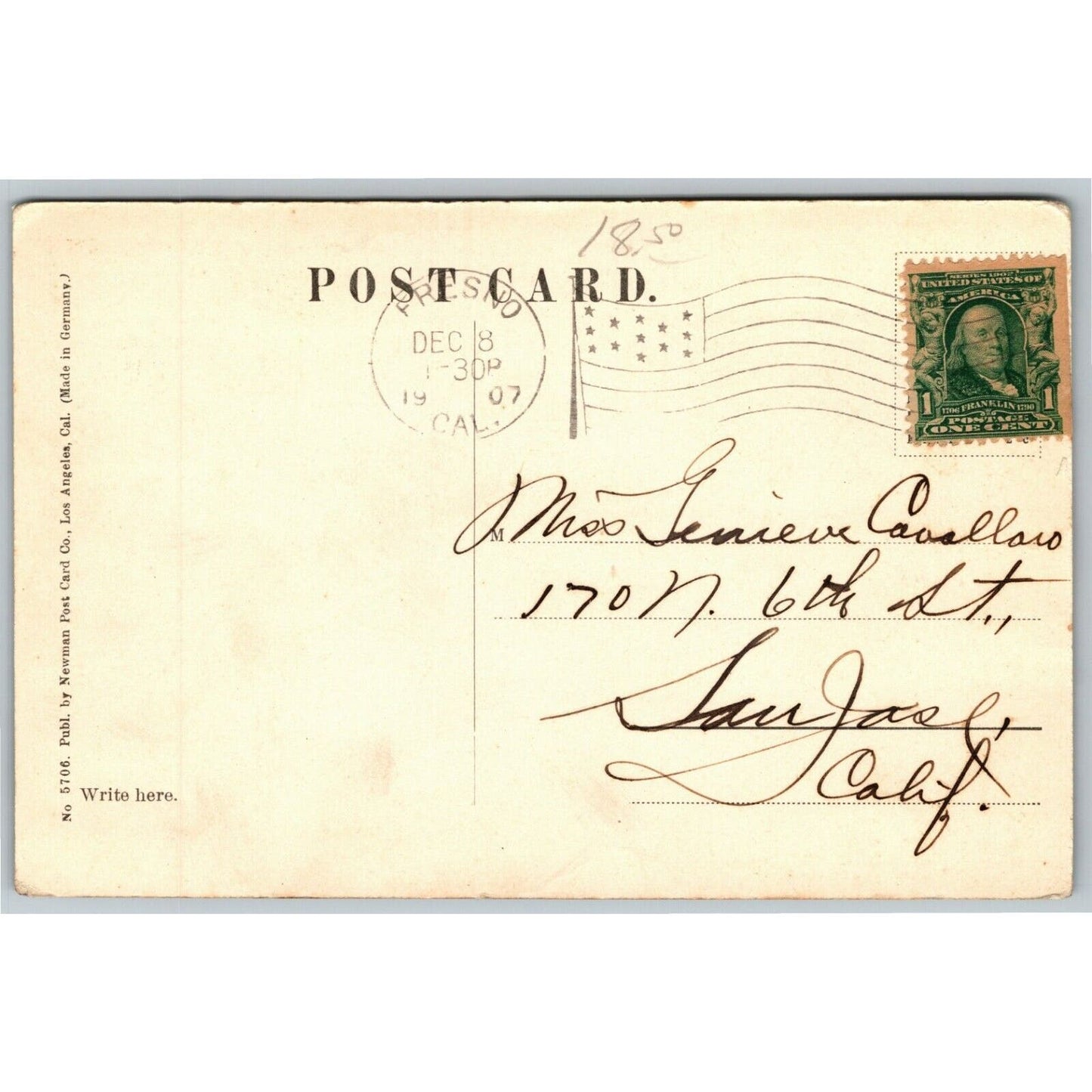 Vintage c1907 Postcard "Public Library, Fresno, California"