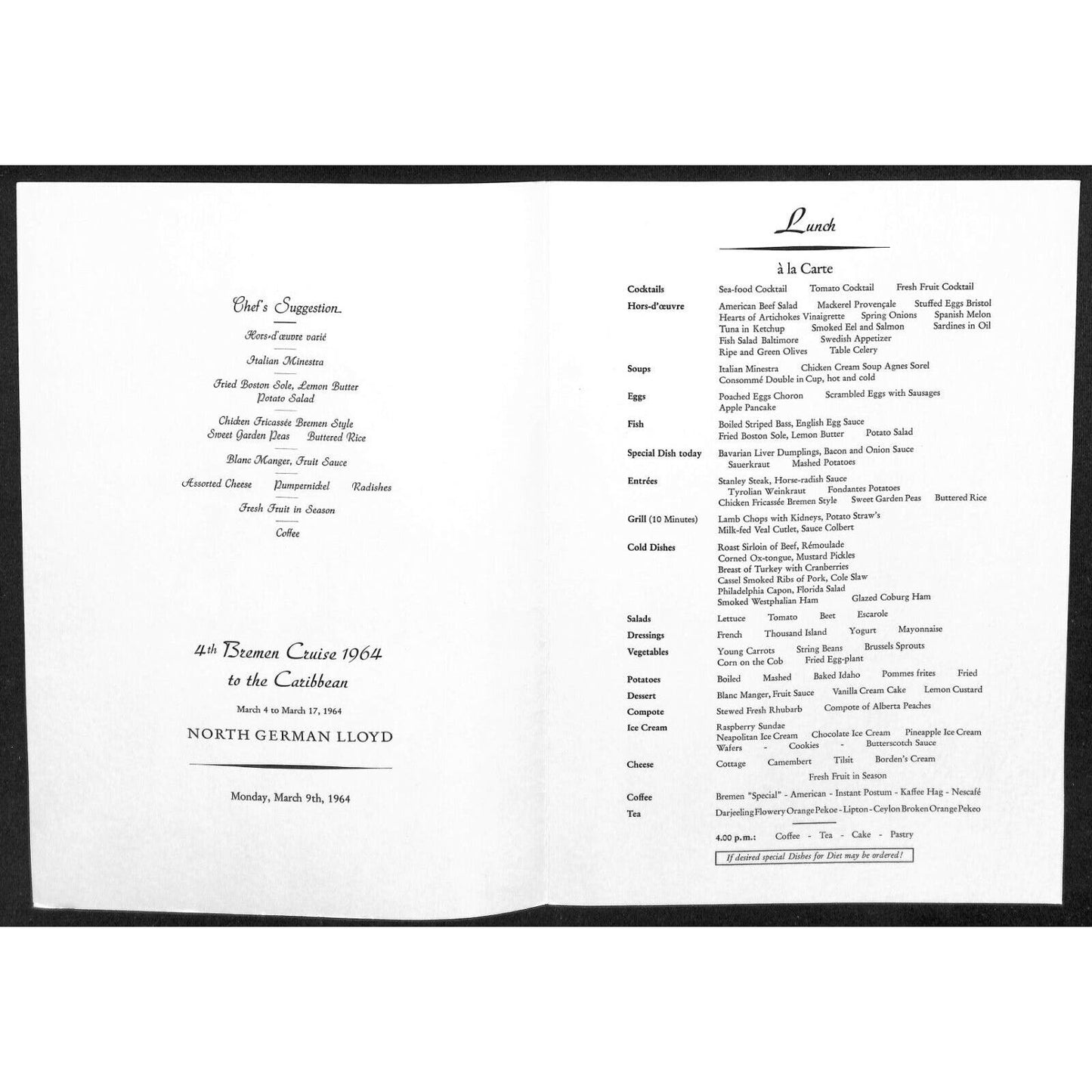 1964 North German Lloyd Bremen Cruise Line Lunch Menu Mar 9
