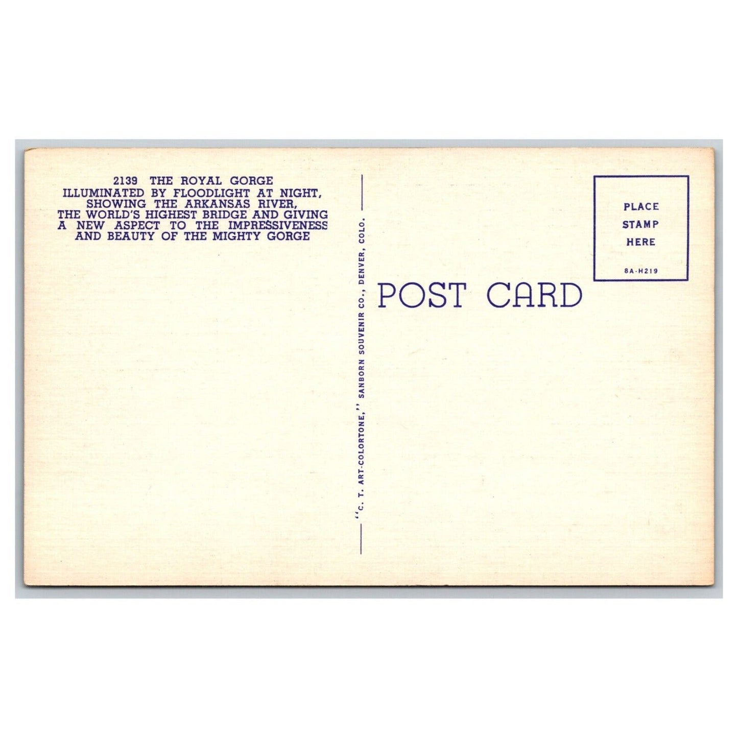 "The Royal Gorge" Arkansas River Linen Postcard Railroad c1930-45 Unposted VGC