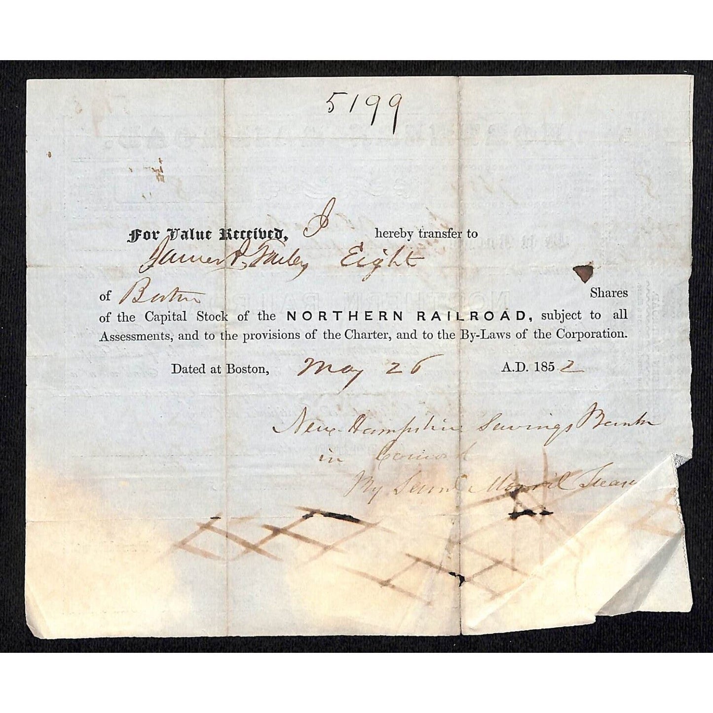 1850 Boston MA Northern Railroad Stock Certificate No. 7684 for 8 Shares