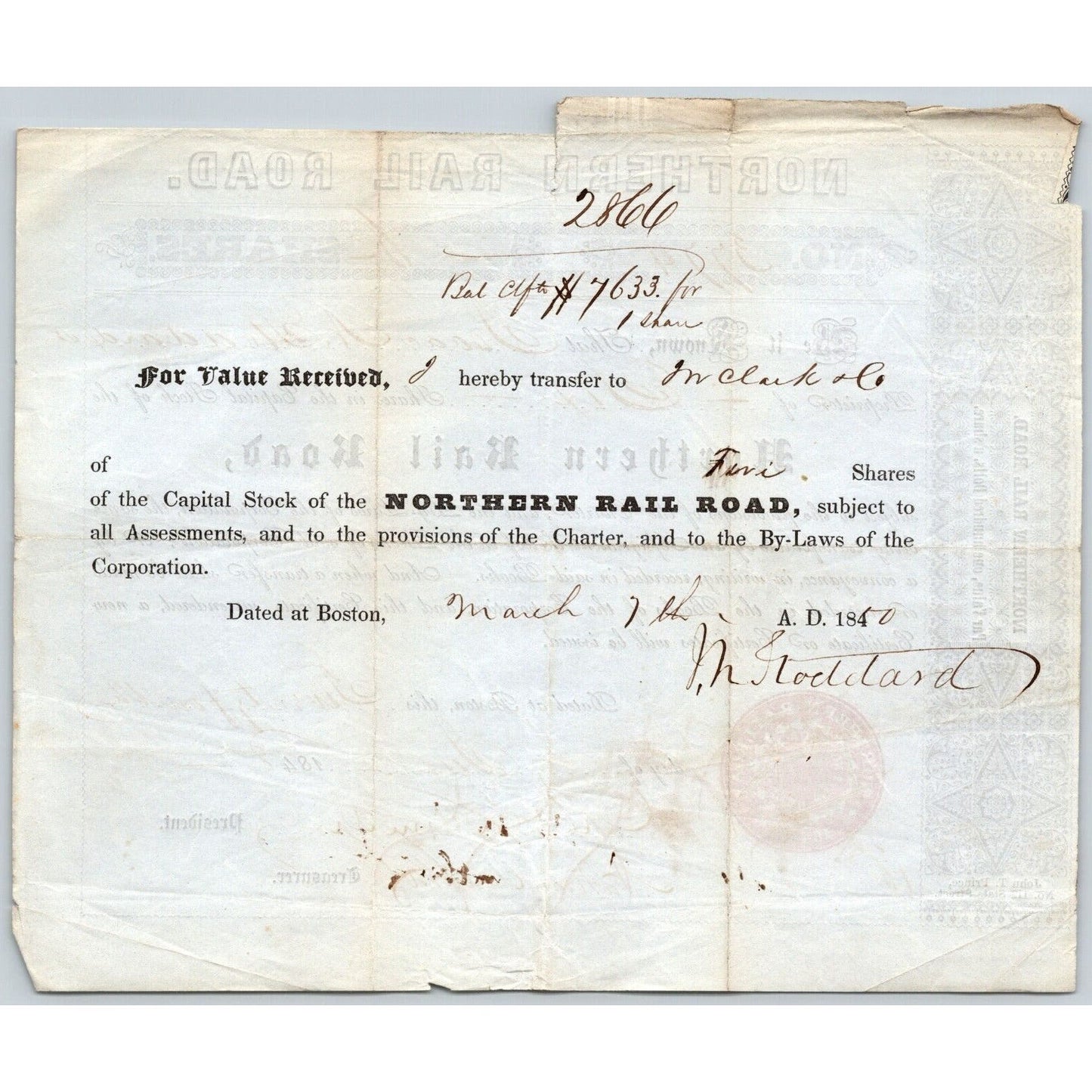 1848 Boston, MA Northern Railroad Stock Certificate No. 3774 for 6 Shares