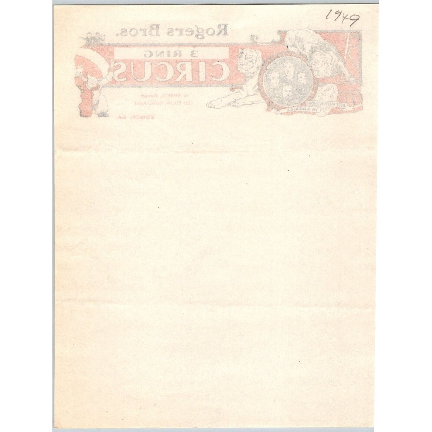 Roger Bros. 3 Ring Circus Letterhead c1949 Edison, GA Scarce