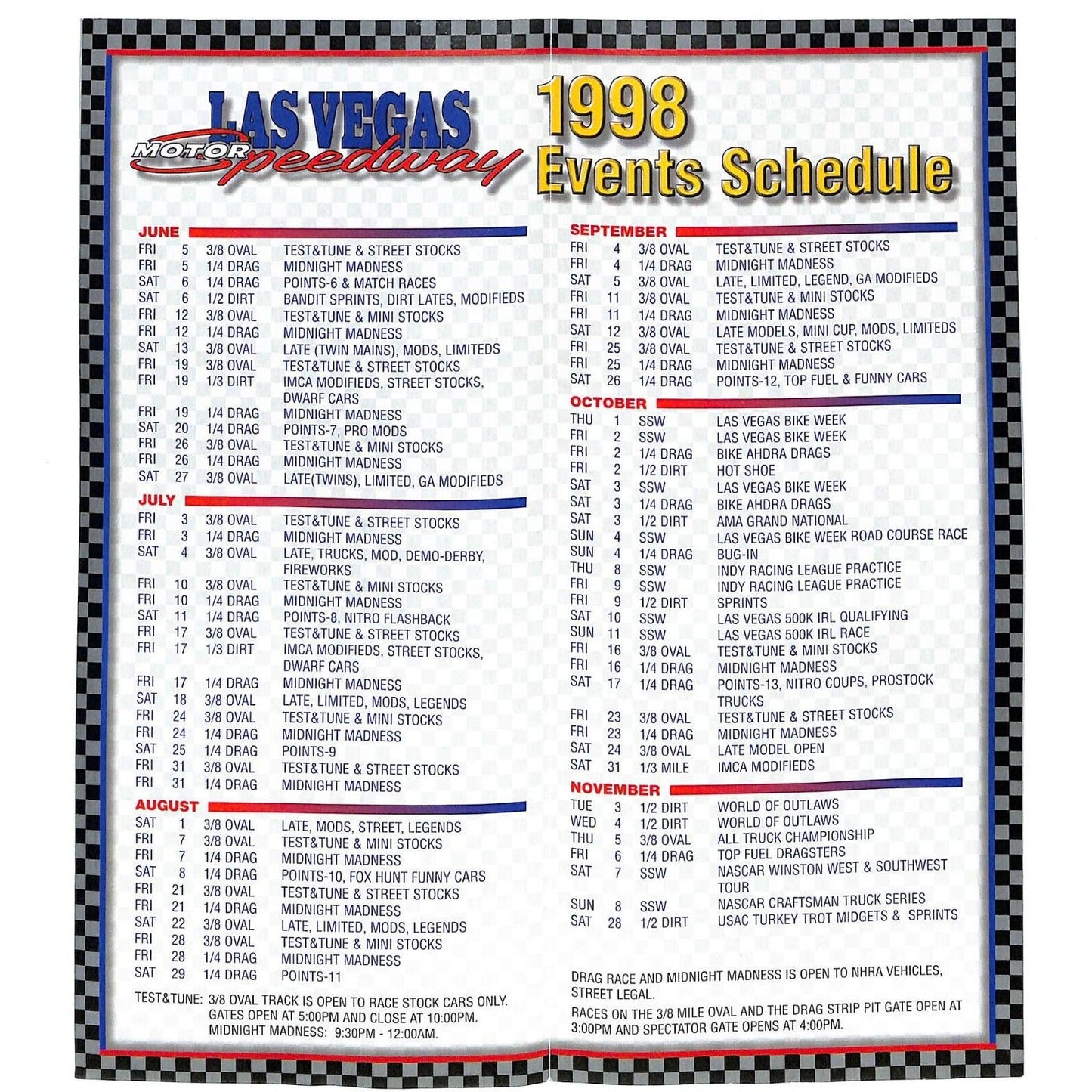 1998 Las Vegas Motor Speedway NASCAR Winston Cup Series Events Schedule VGC