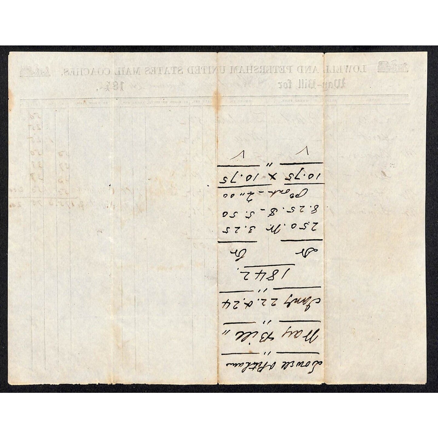 Lowell and Petersham United States Mail Coaches 1842 Way-Bill Very Scarce