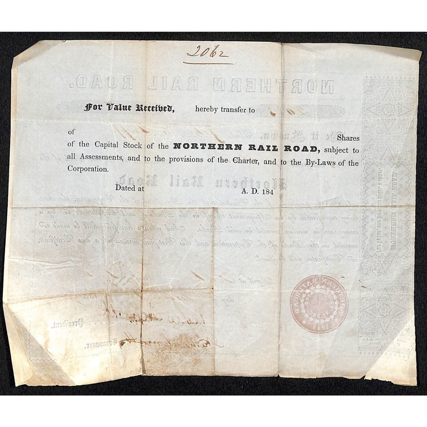 1847 Boston, MA Northern Railroad Stock Certificate No. 2083 for 5 Shares