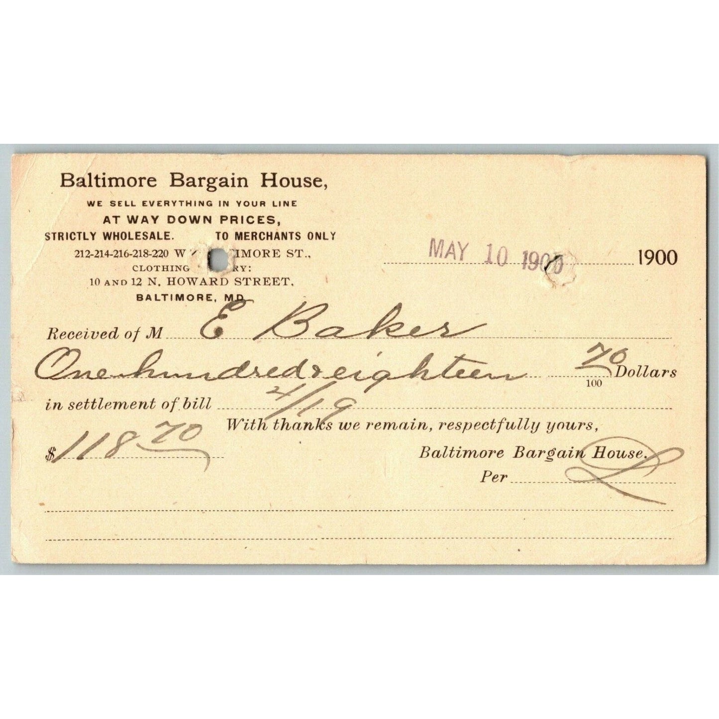 1900 Adv. Payment Conf. Postcard Baltimore Bargain House - E. Baker*