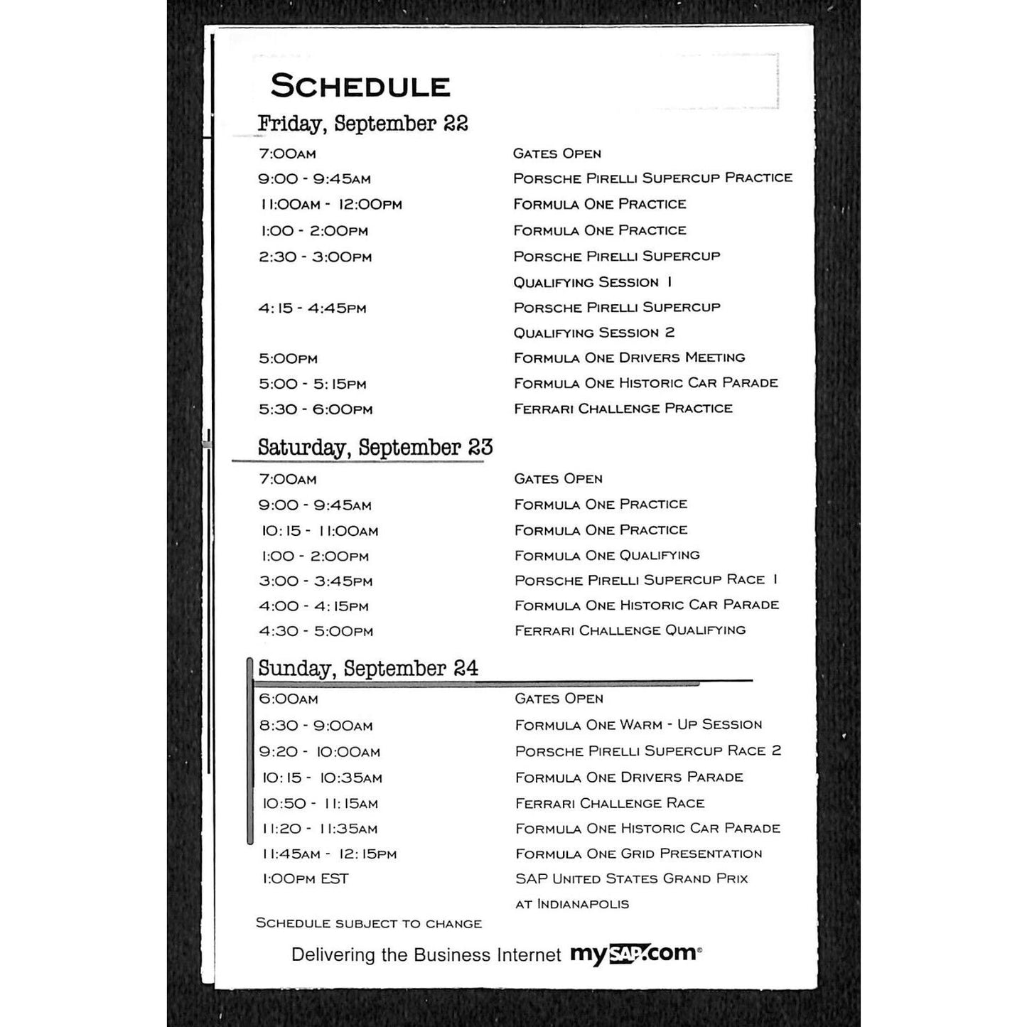 2000 F1 Formula One at Indianapolis Racing Spectator Pocket Info / Schedule VGC
