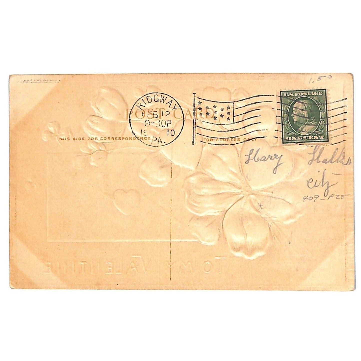 Valentine's Day Postcard "To My Valentine" w/ Reverse Embossed Hearts PM 1910