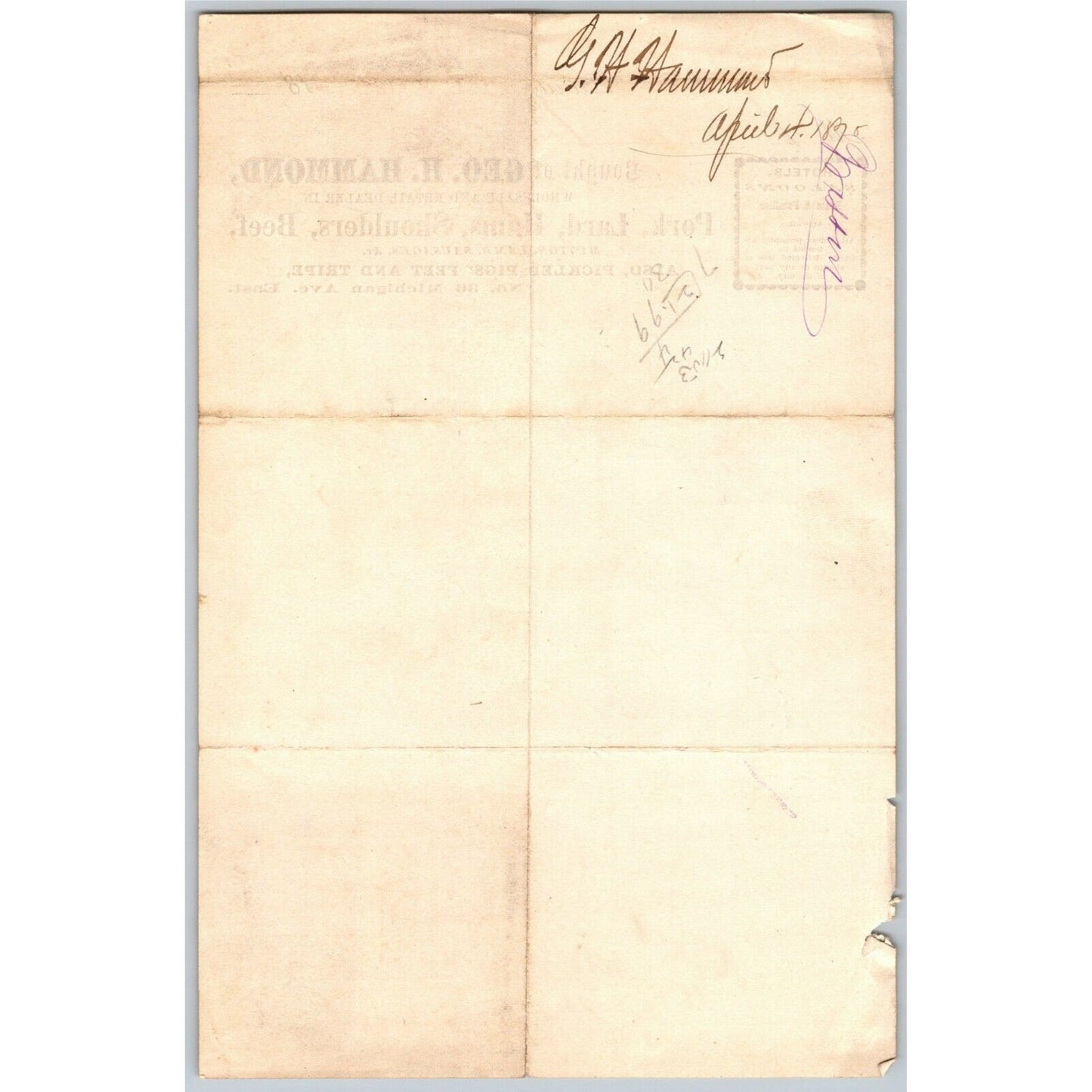 Detroit Letterhead Geo. H. Hammond - Pork Lard Hams Beef Shoulders - 1870