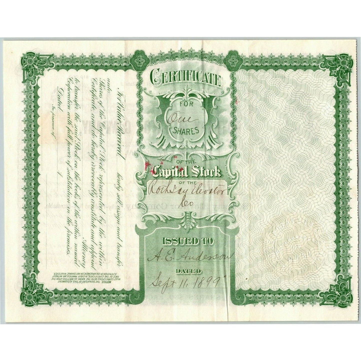 1899 Stock Certificate "Rothsay Elevator Company" Minnesota w/ Eagle Watermark