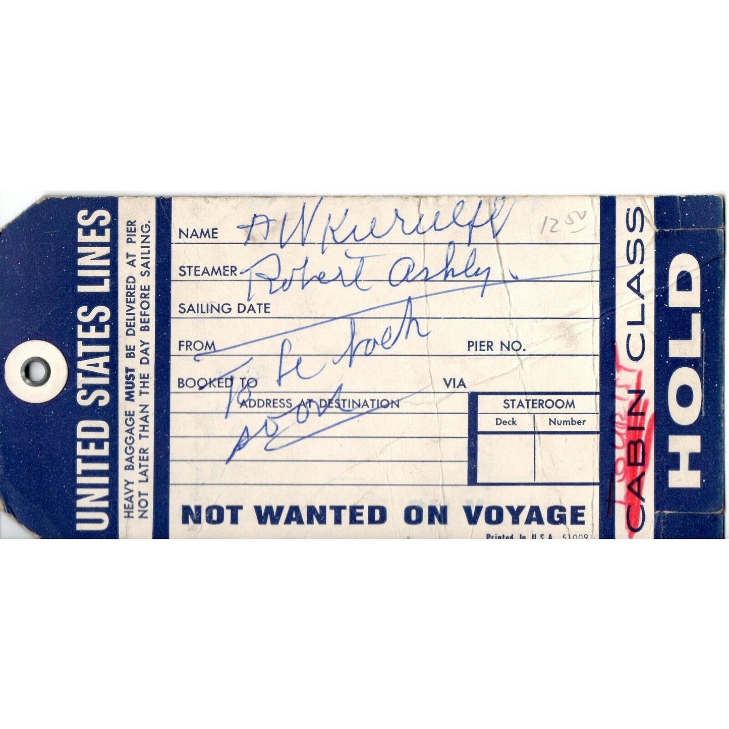 Vintage "United States Lines" Cabin Class Luggage Tag