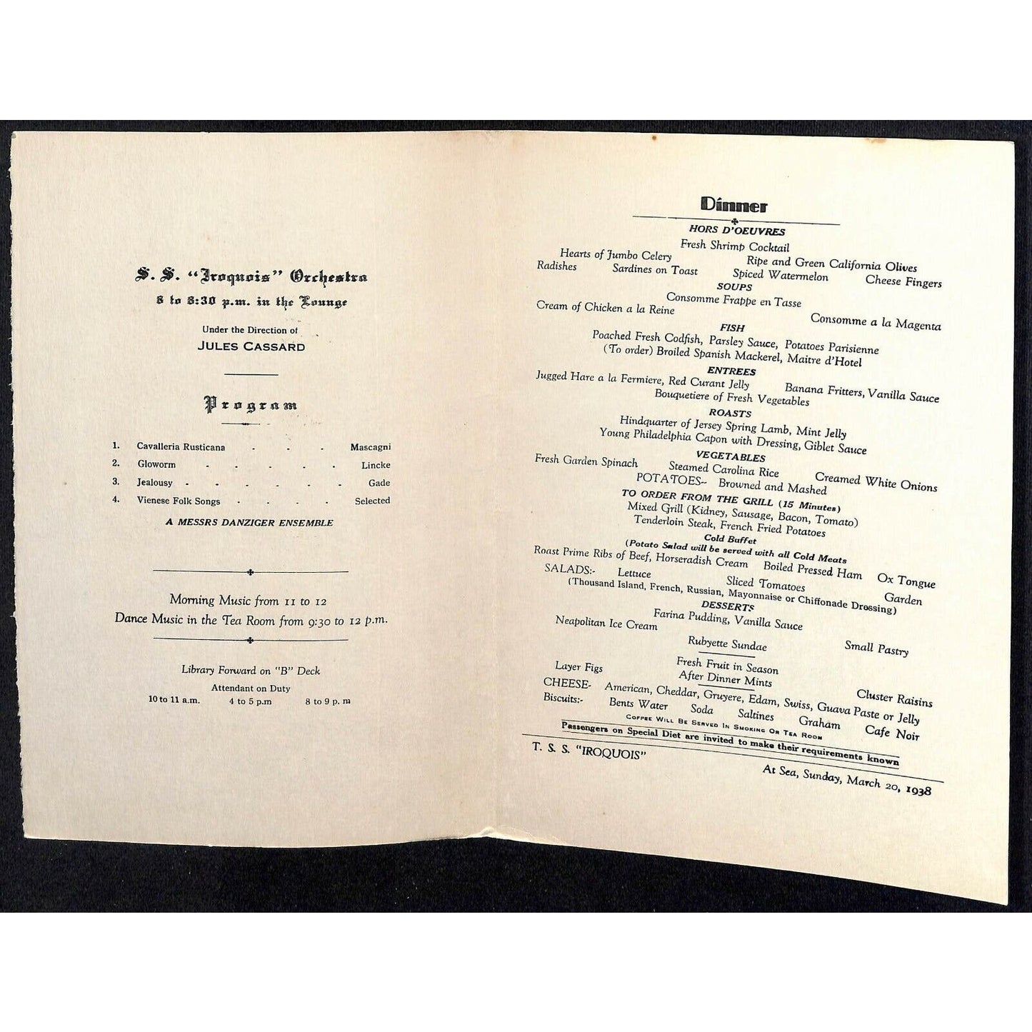1938 Clyde-Mallory Iroquois Cruise Line Dinner Menu Mar 20