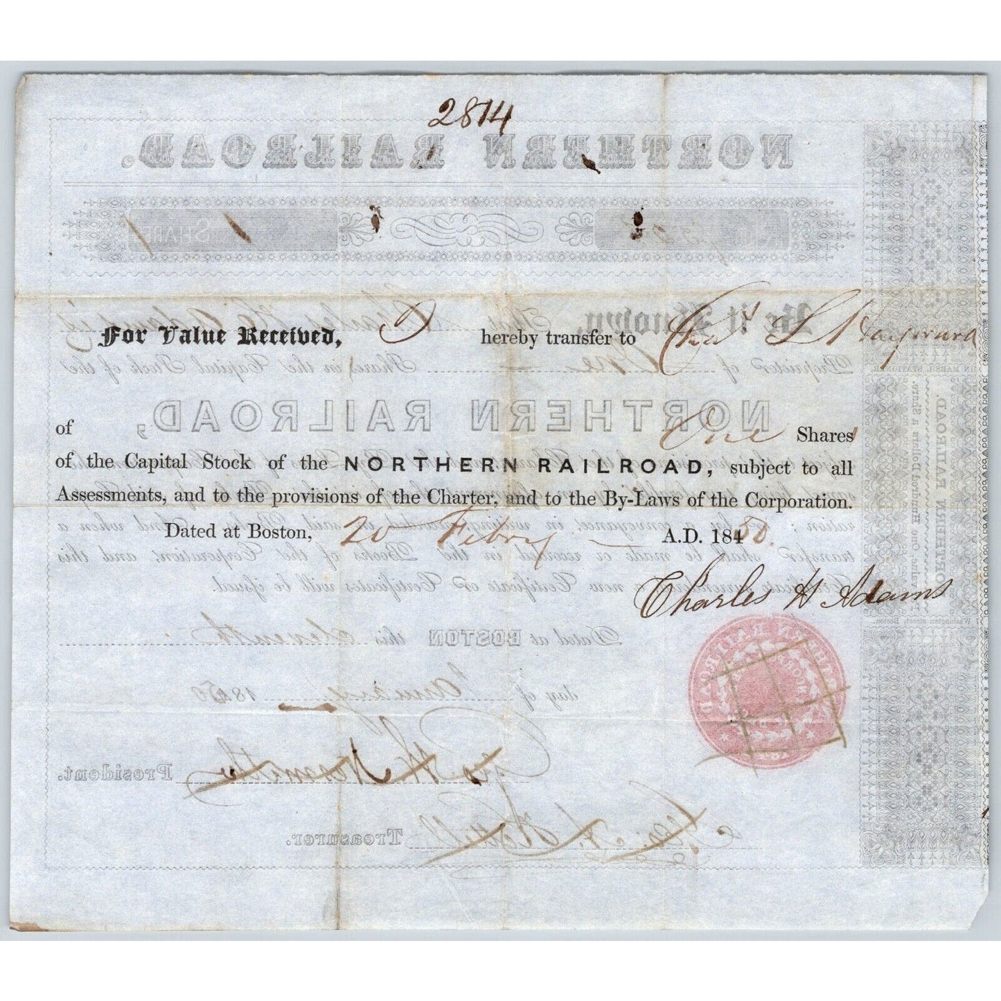 1850 Boston, MA Northern Railroad Stock Certificate No. 7528 for 1 Share