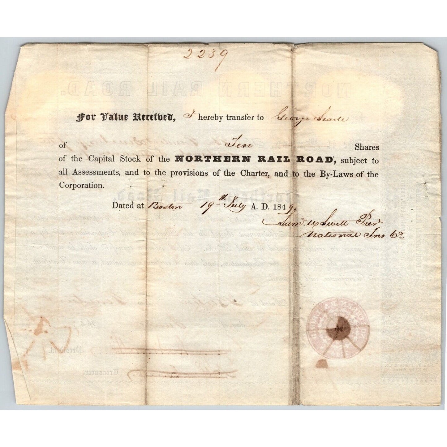 1847 Boston, MA Northern Railroad Stock Certificate No. 458 for 10 Shares
