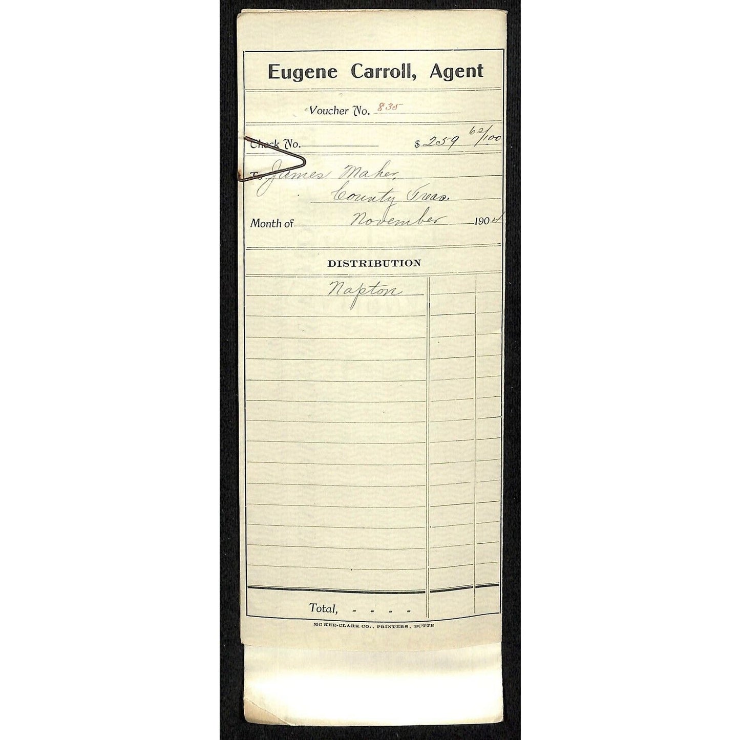 1904 Check Daly Bank Trust of Butte, MT Eugene Carroll Silver Bow Tax Receipt
