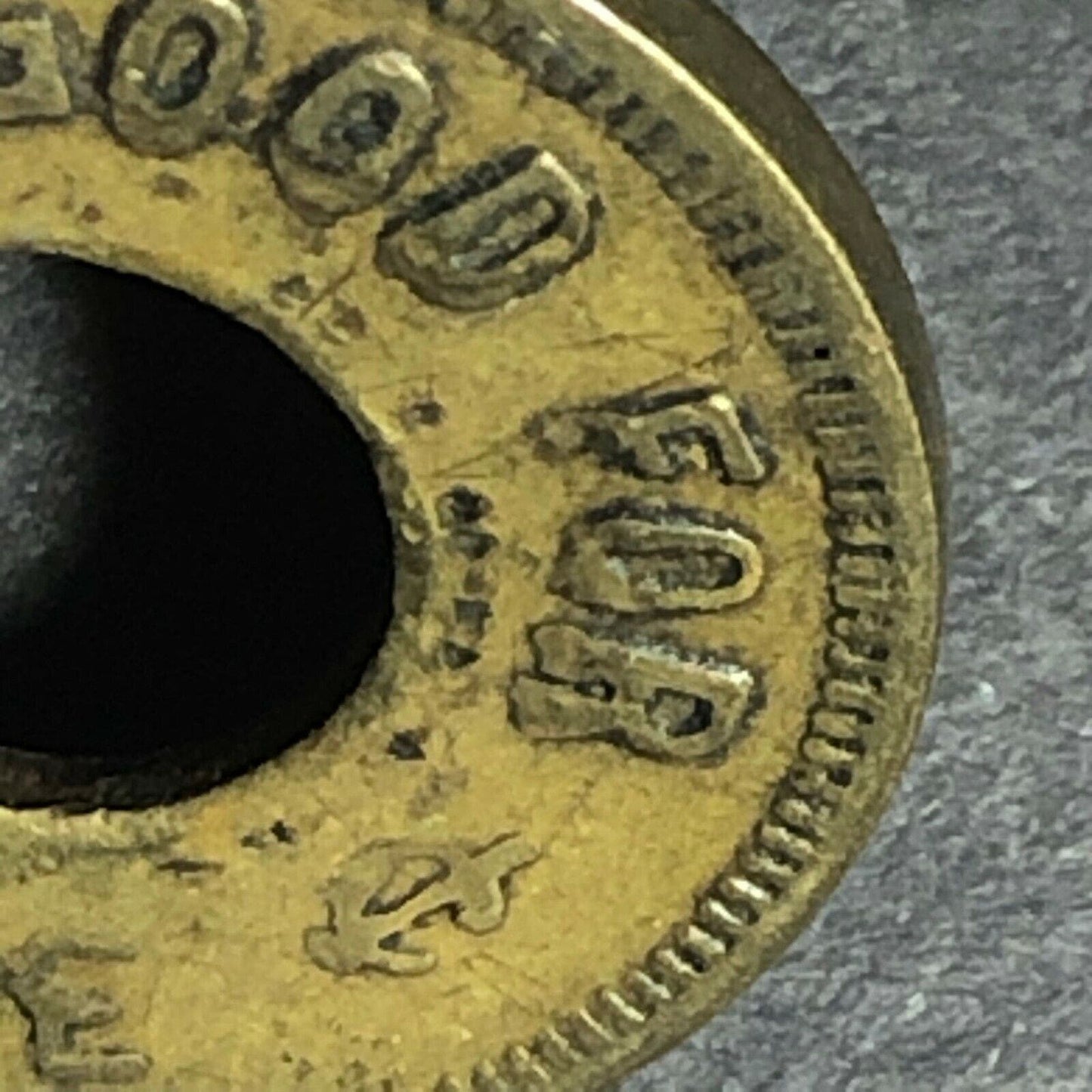 21mm c1914 Western Canada Novelty Good for 5 Cents in Trade Donut Brass Token