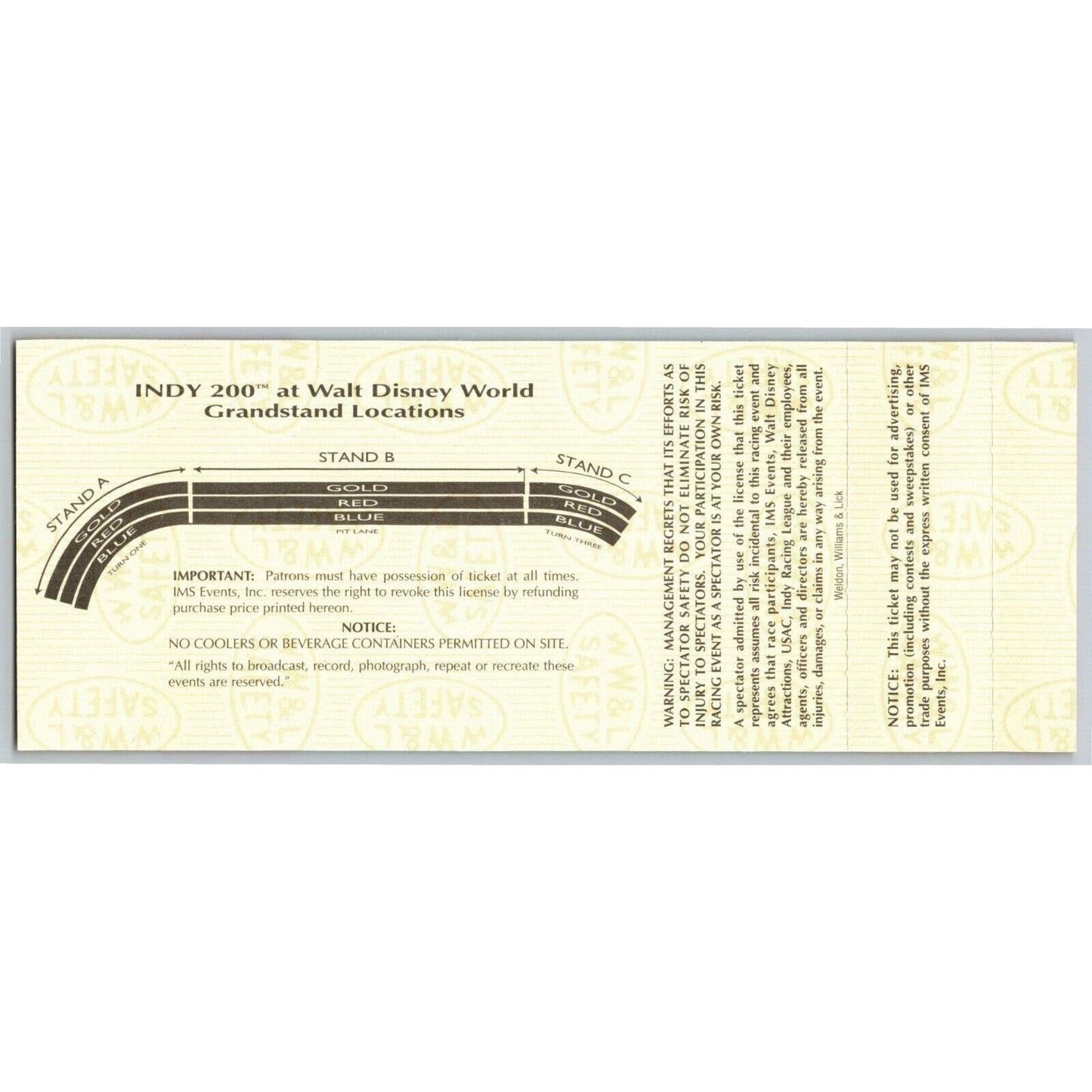 1996 Indy 200 Walt Disney World Thur Qualifications & Practice Unused Ticket #10