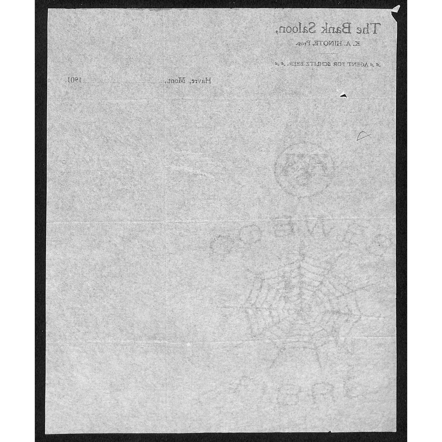 Havre, MT "The Bank Saloon" Agent Schlitz Beer 1901 Letterhead - Bateman Switzer