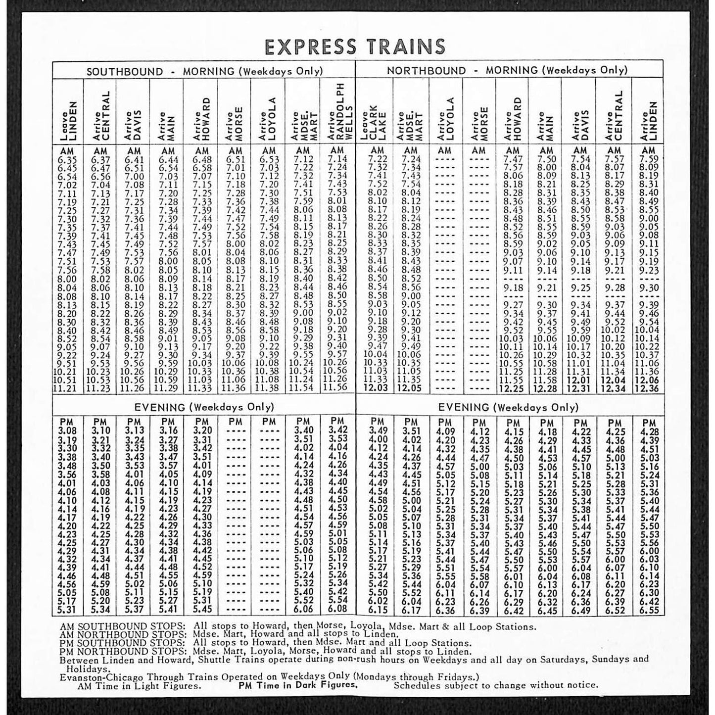 Chicago Transit Authority CTA Evanston Express Service Schedule 1962 NOS