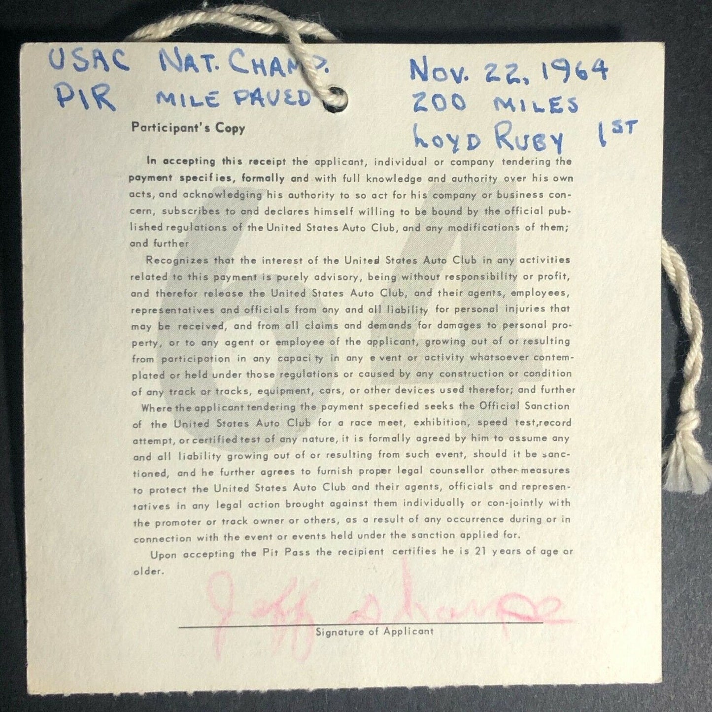 Vintage USAC Phoenix Intl. Raceway Pit Pass Nov 22 1964 Jeff Sharpe Driver