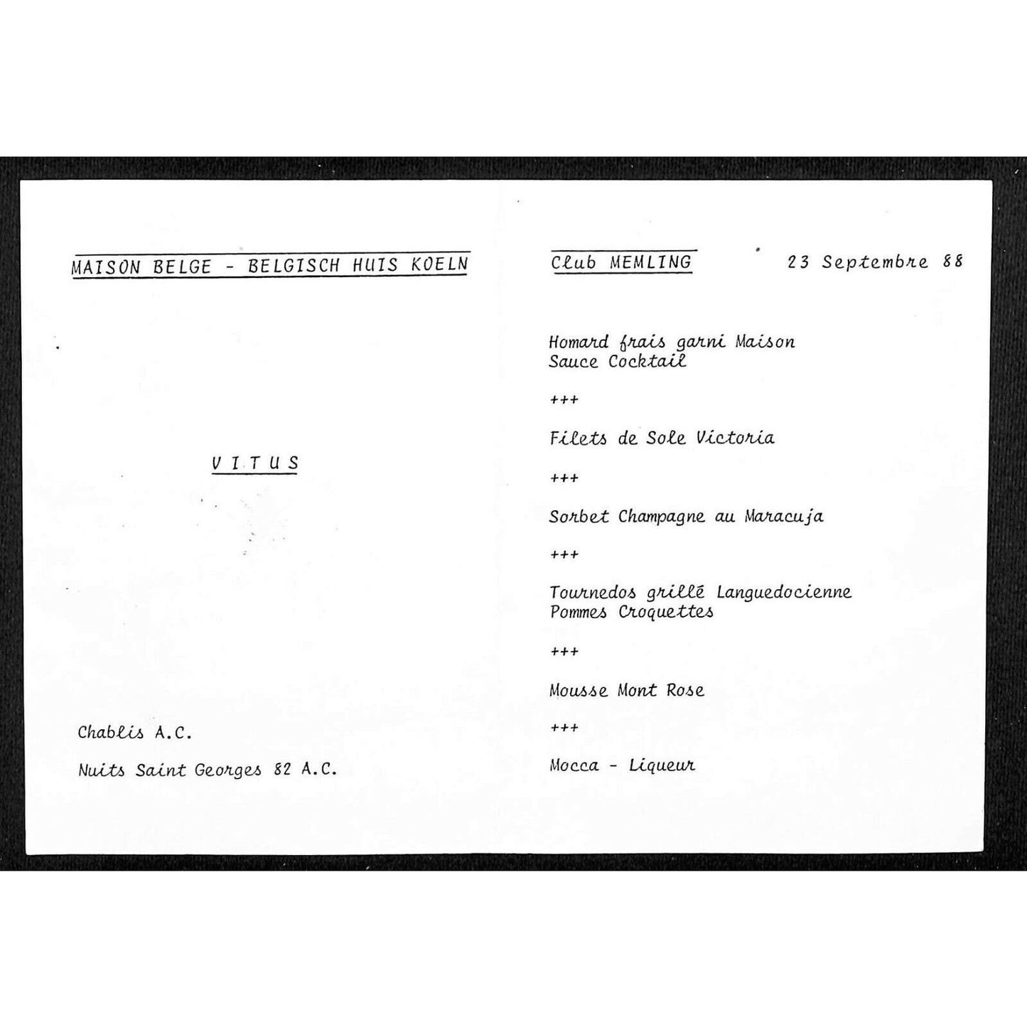 1983 Mess Clubs FBA BSD Maison Belge - Belgisch Huis / Koeln Restaurant Menu