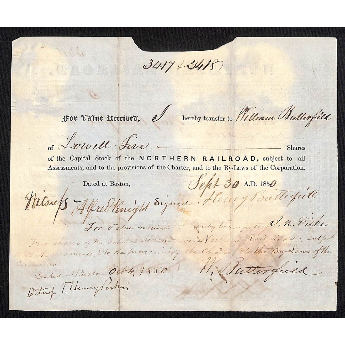 1850 Boston, MA Northern Railroad Stock Certificate No. 7918 for 5 Shares