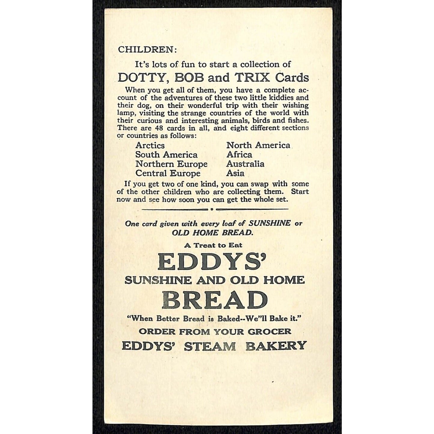 Eddys' Steam Bakery Bread Dotty, Bob and Trix Trade Card c1920 Great Falls VGC