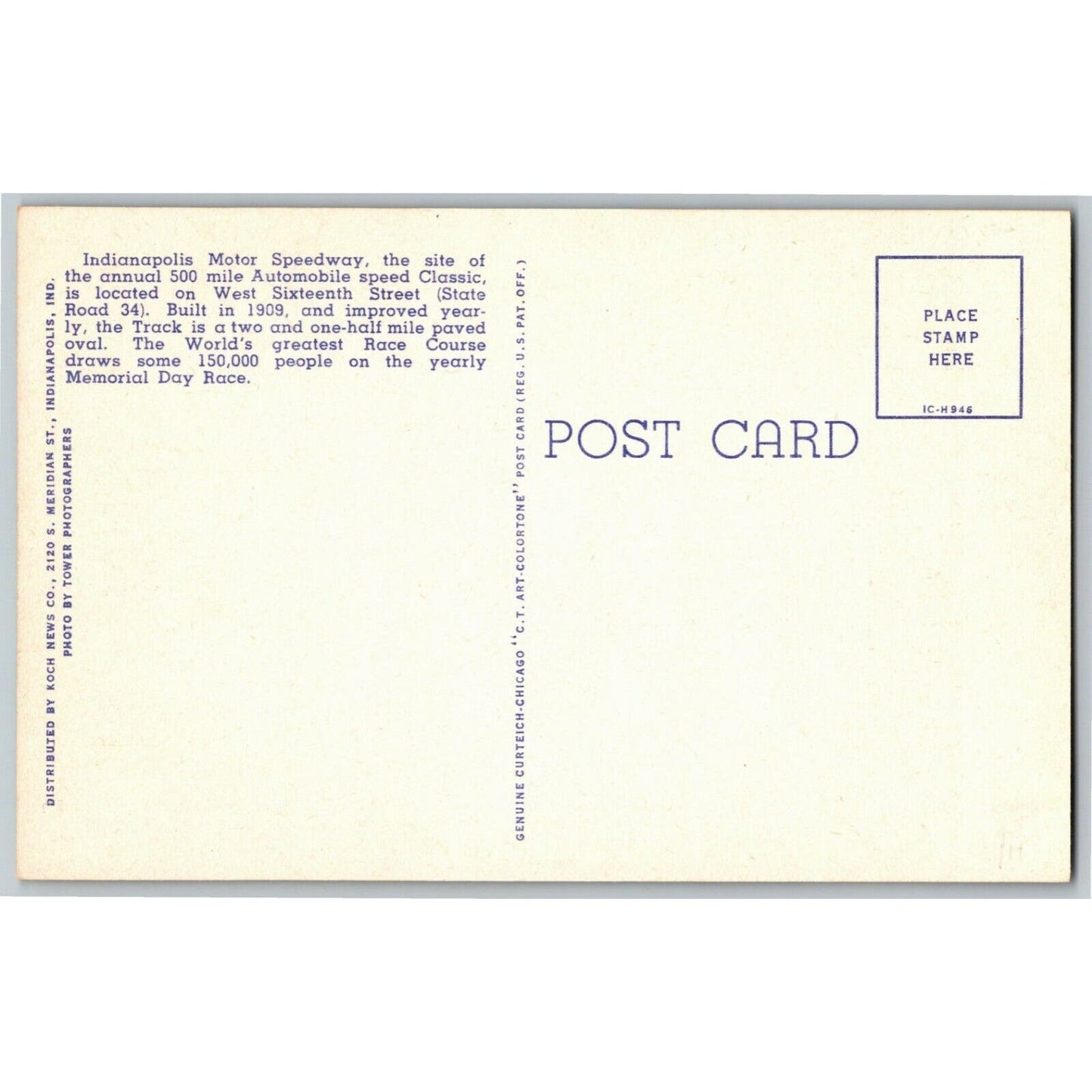 Indy 500 Linen Postcard 1947 ".. A Typical Winner" Unposted VGC