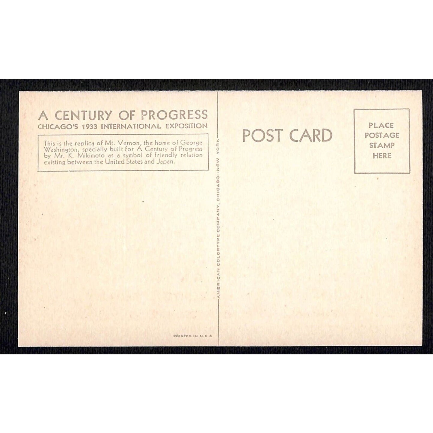 Japanese Pavilion Postcard Mikimoto Mt. Vernon Model 1933 Chicago World's Fair
