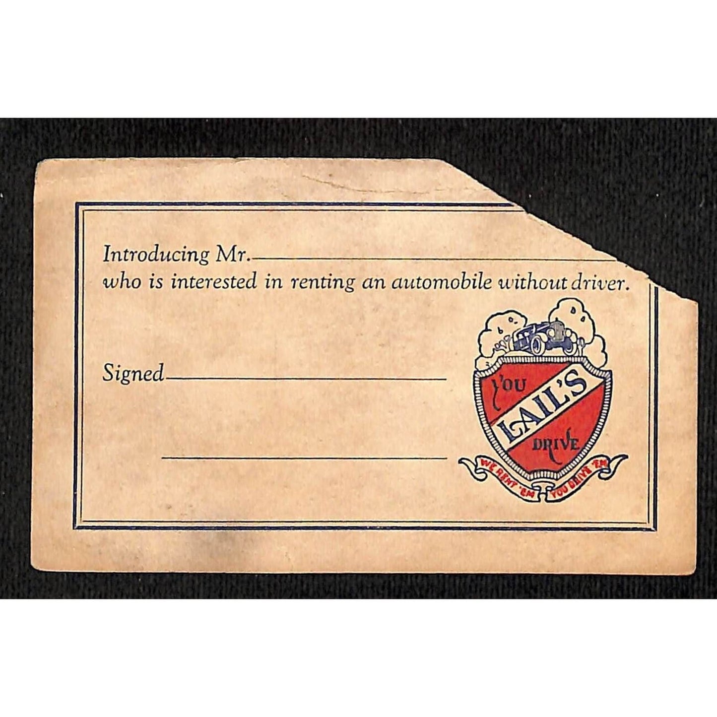 Lail's Auto Livery Hope St. LA Car Rental Business Trade Card c1928 Damage