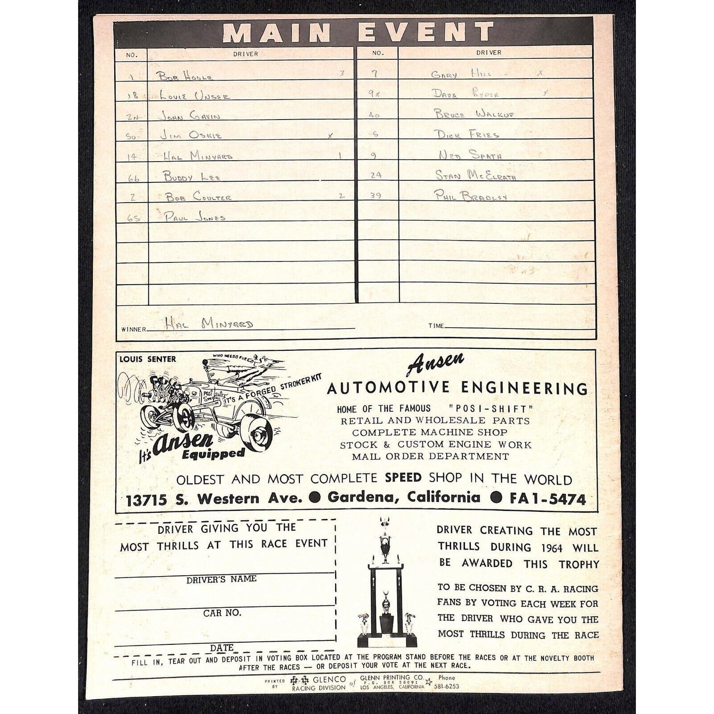 Scarce Jul 29 1964 Big Car Auto Racing CRA Program Ascot Gardena, CA 12pp.