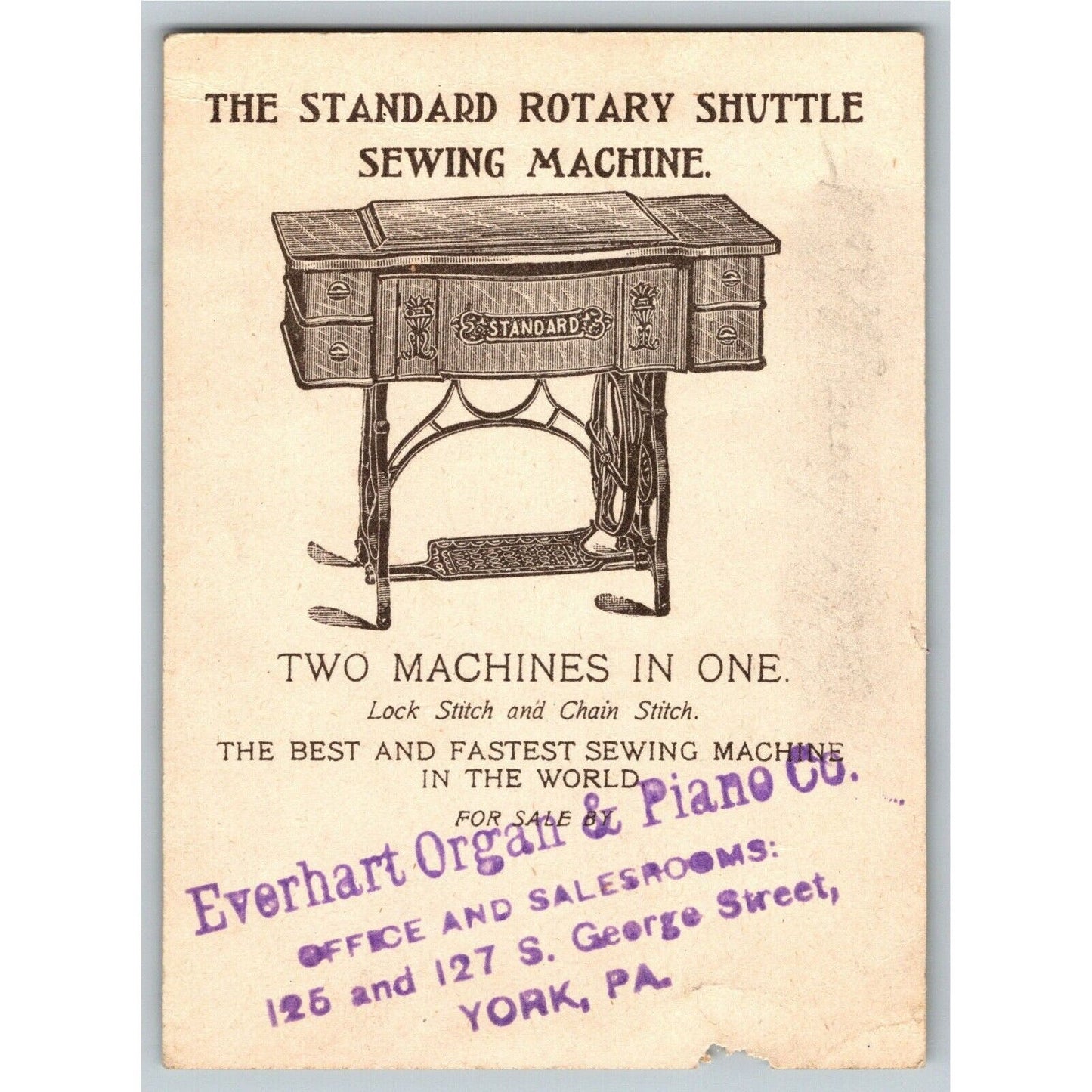 Everhart Organ & Piano York PA Standard Sewing Machine Co. Victorian Trade Card
