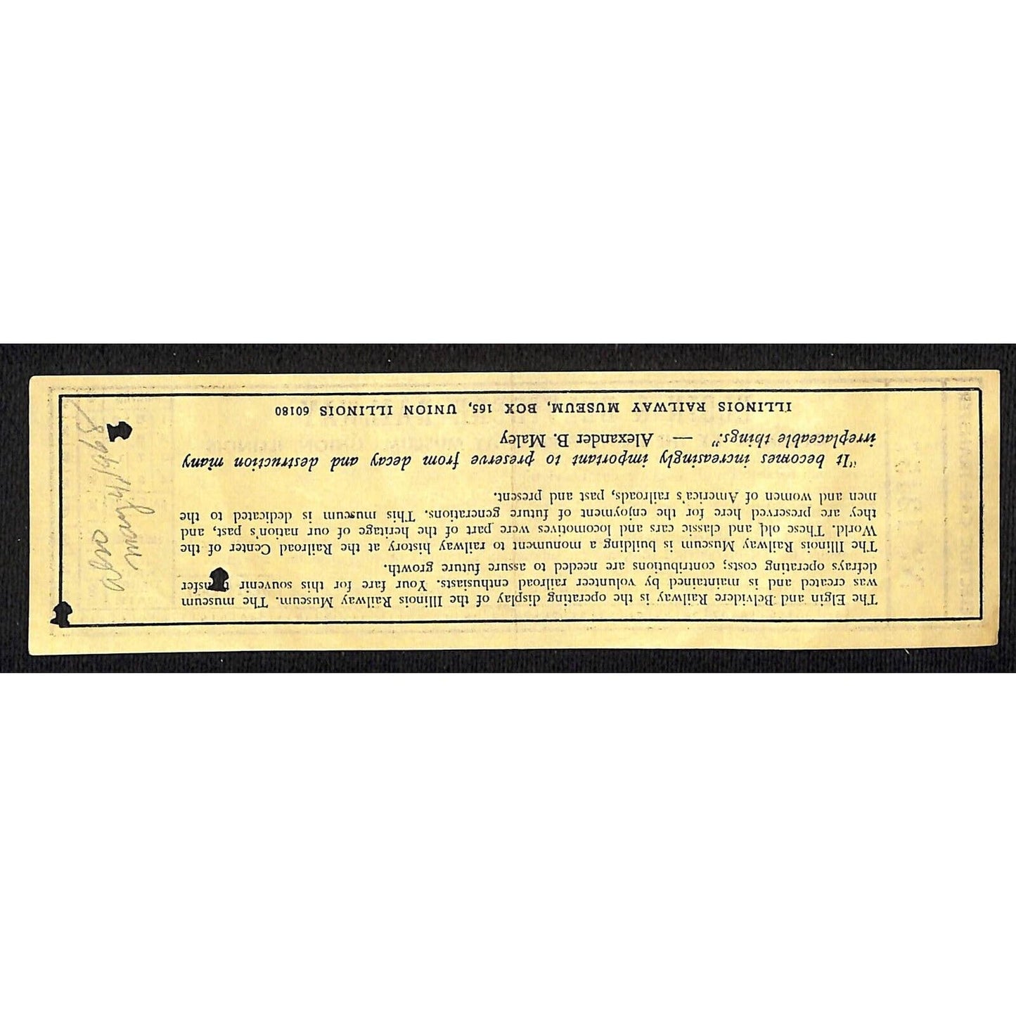 Elgin & Belvidere Railway Illinois Railway Museum Souvenir Transfer Ticket 12157