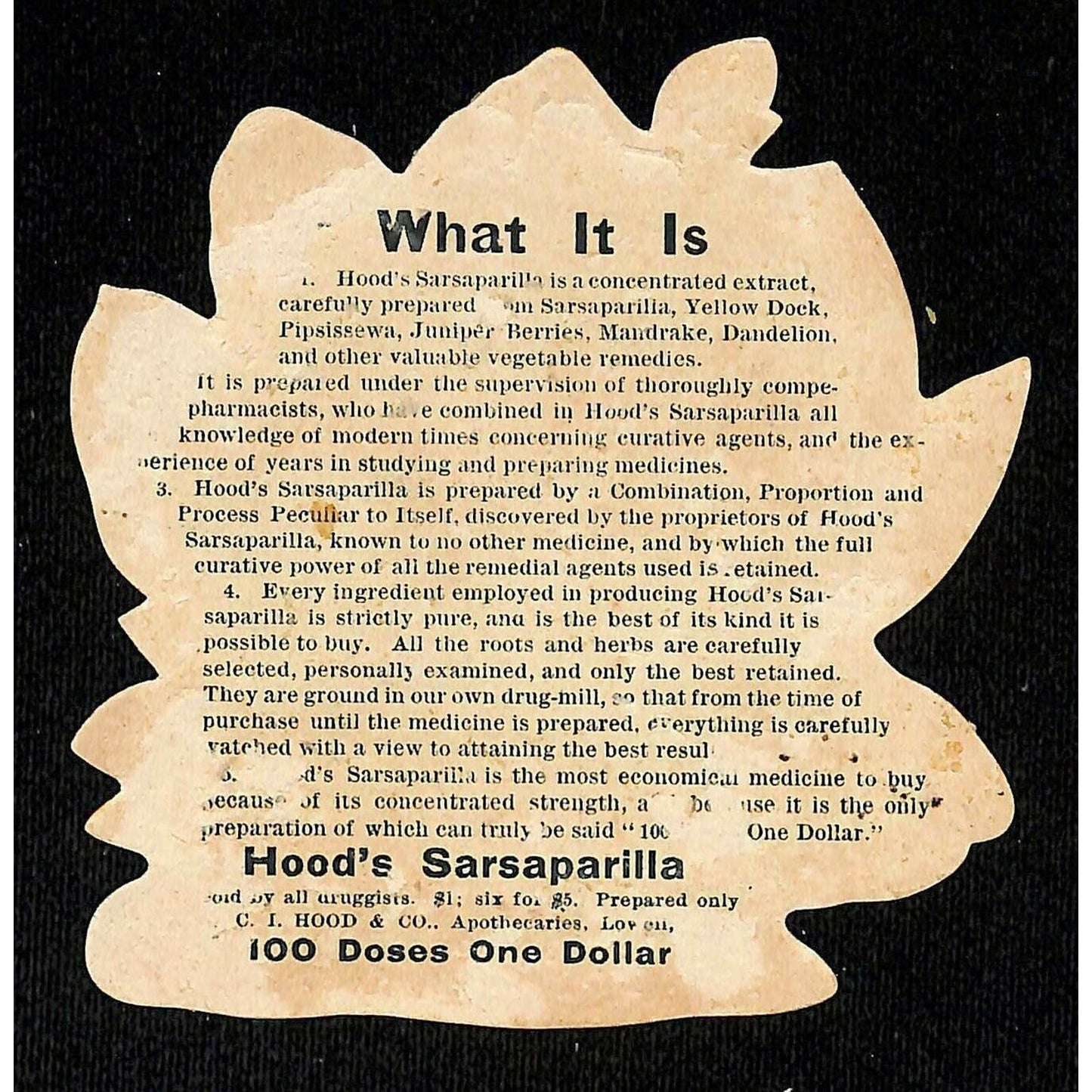 Hood's Sarsaparilla "100 Doses One Dollar" Die Cut Flower Victorian Trade Card