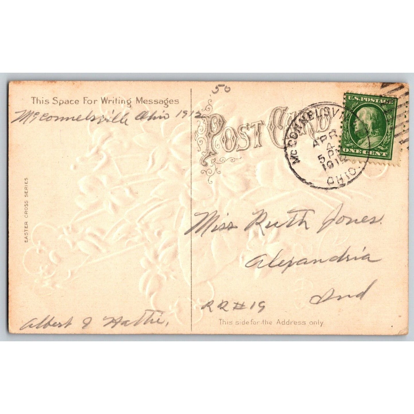 Easter Postcard "Easter Greetings" Floral Cross Church Embossed PM 1912