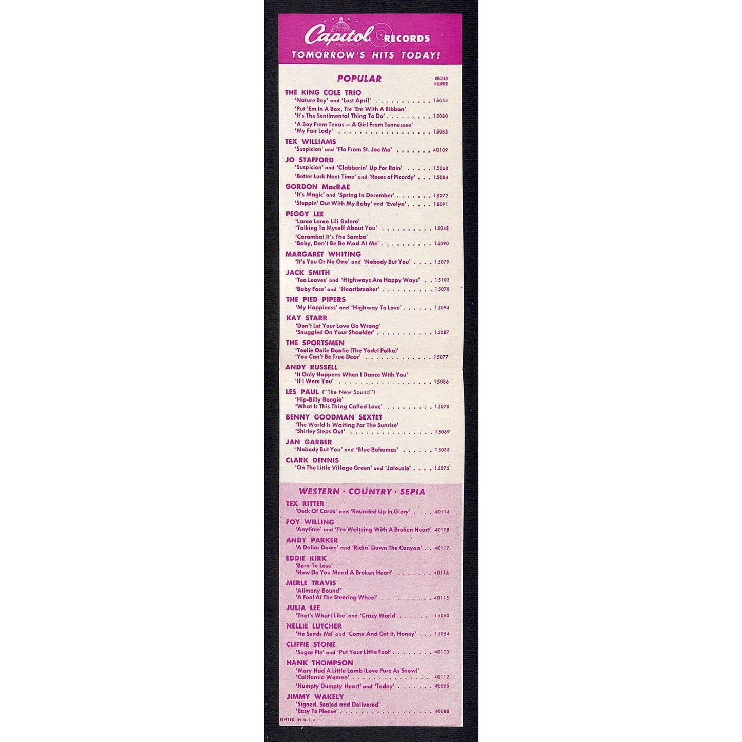 Capitol Records "Jo Stafford Signs American Folk Songs" c1948 & Hits List Sheet