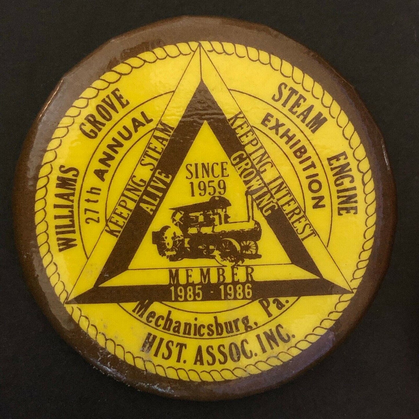 1985-86 Williams Grove Steam Engine Historical Mechanicsburg, PA Pin Back Button