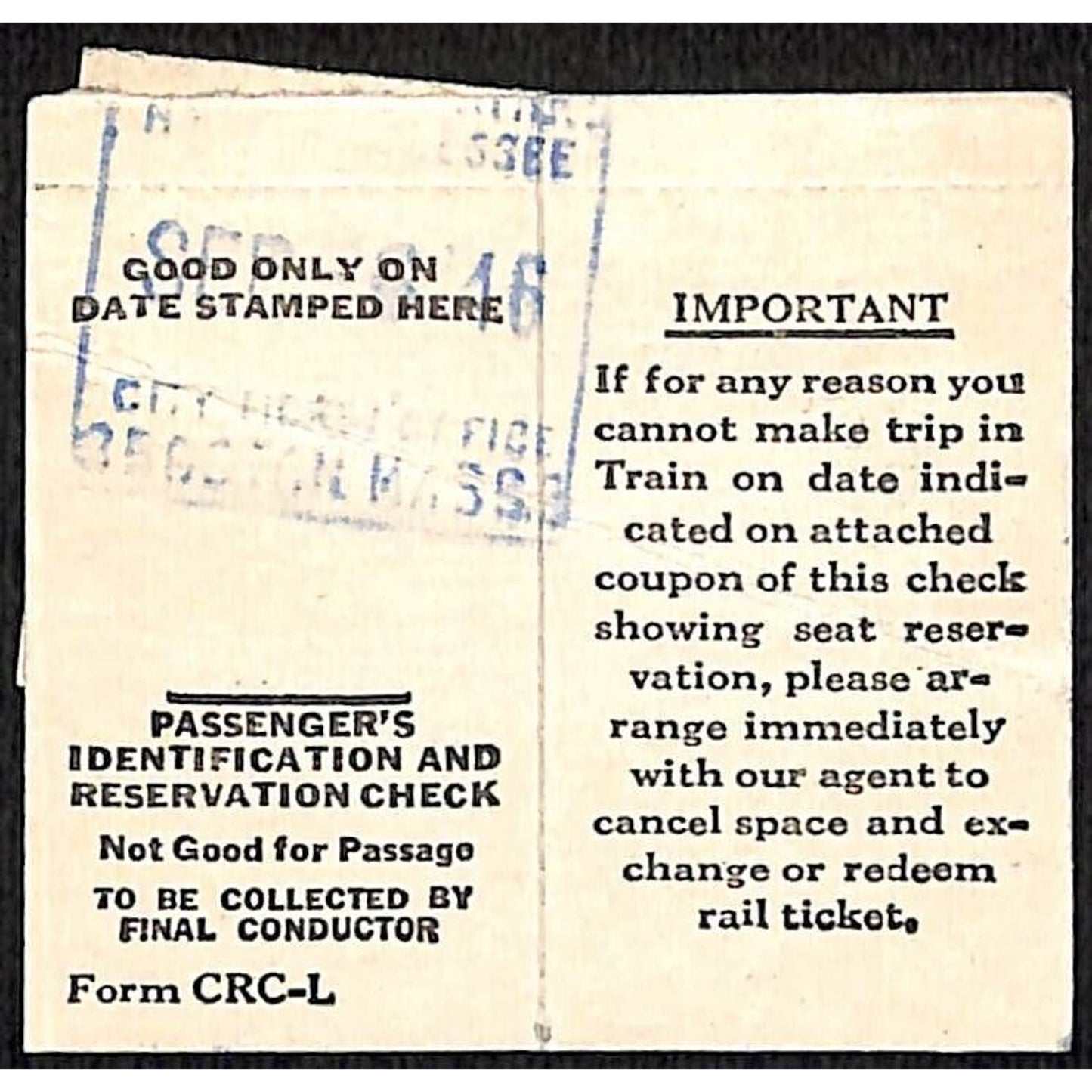 1946 Pullman Co. Passenger Check Affixed to Railroad Ticket D.C. to Charleston