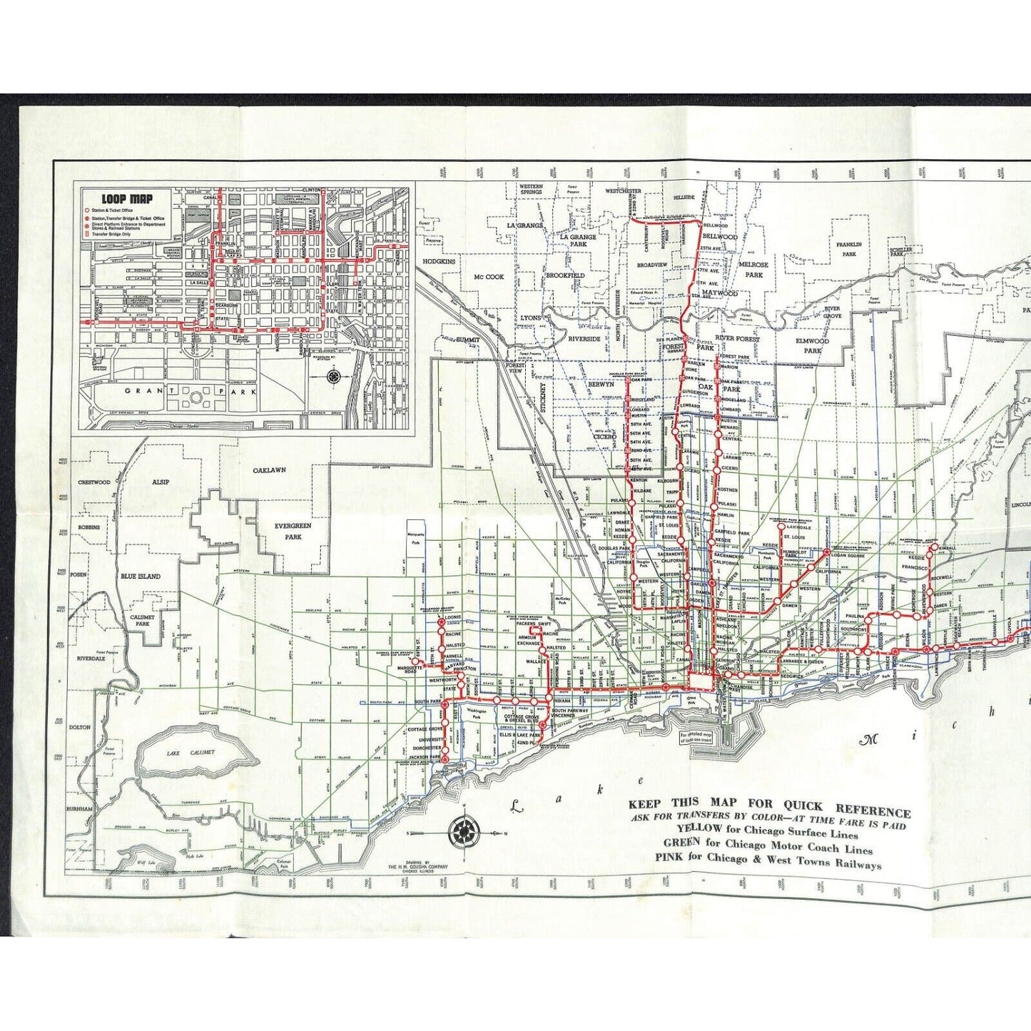 1938 Elevated Map of Chicago Rapid Transit Lines "Ride the L" 13 1/2" x 22" VGC