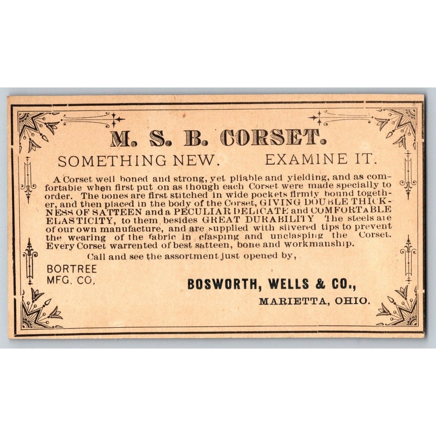 Bosworth, Wells & Co. MSB Corset Marietta, OH Victorian Trade Card Flower