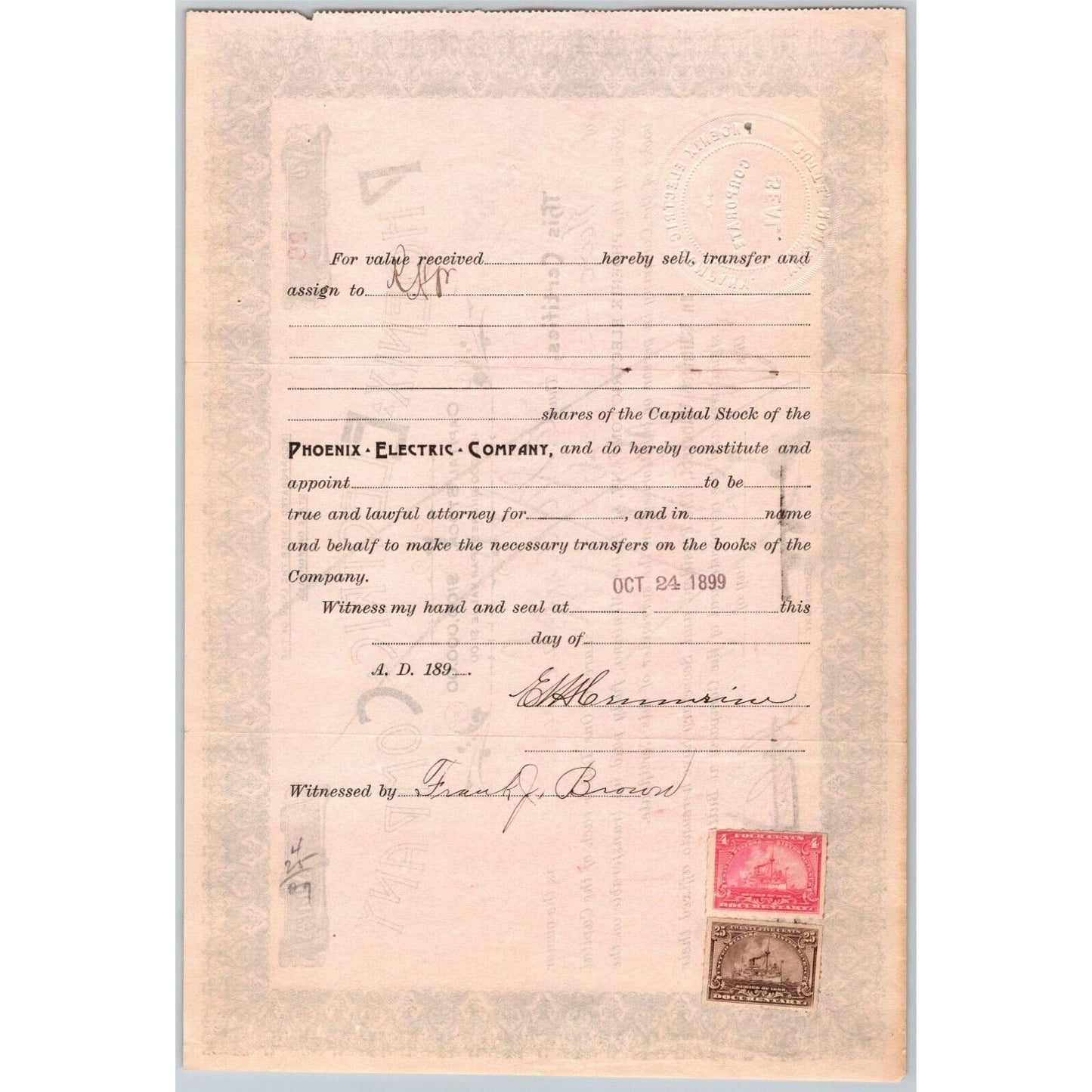 Butte, MT Phoenix Electric Co. 1899 Stock Certificate - 2 Shares - Cert #29