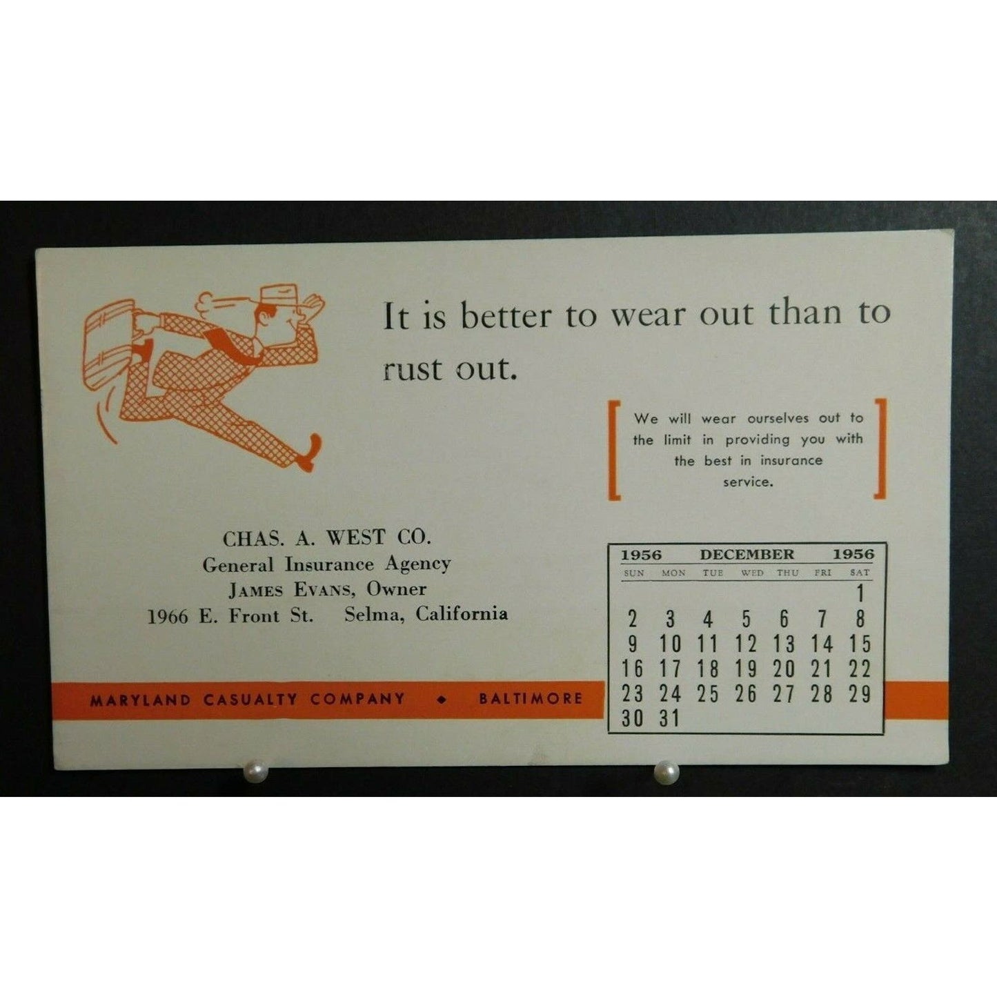 1956 Ink Blotter Advertising - James Evans General Insurance - Selma California