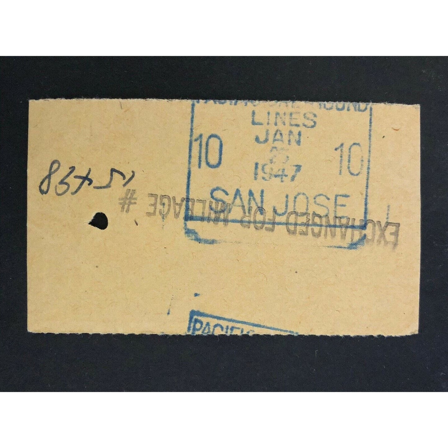 Pacific Greyhound Bus Lines I.D. Check / Ticket "San Jose" 25933 c1945-1955