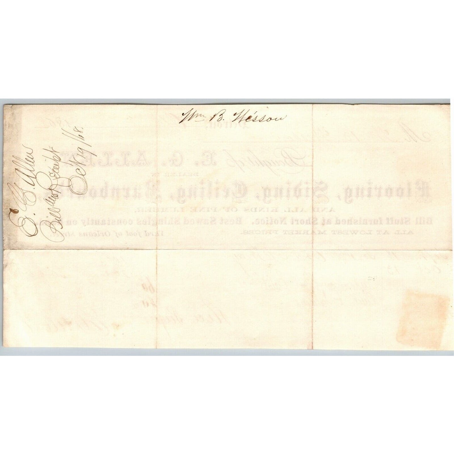 Detroit Letterhead E.G. Allen Flooring Siding Barnboards 1868 - w/ Rev Stamp