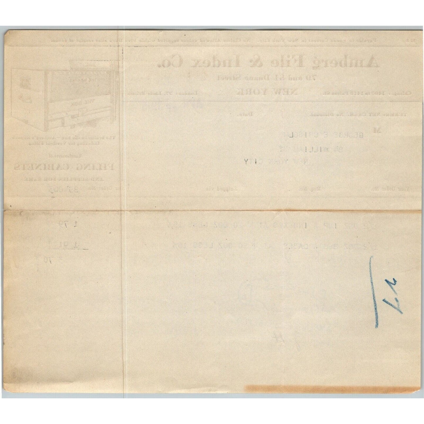 1915 "Amberg File & Index" Filing Cabinets Billhead Letterhead Duane St. NYC